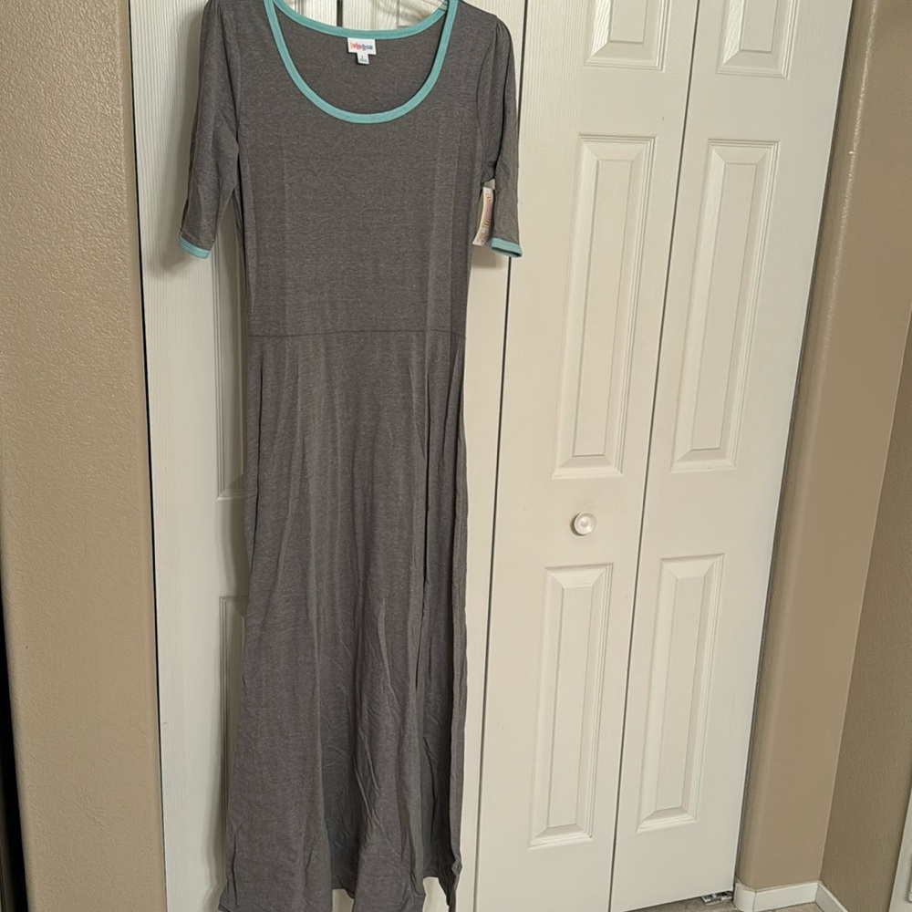 NWT Lularoe Ana dress gray with mint trim neck and arms L